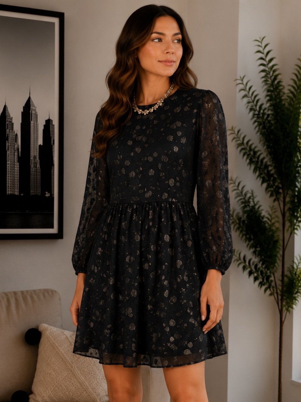 J. Crew Fit & Flare dress in metallic dot jacquard black size 8